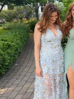 Xscape Pale Blue Floral Appliqué Maxi Dress